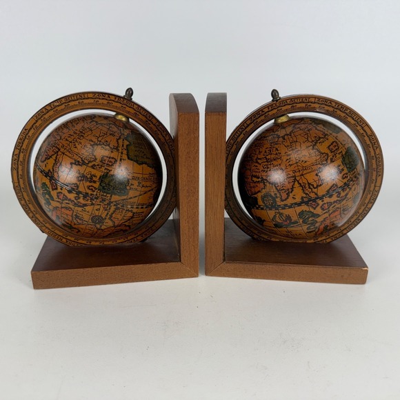 Zona Torrida Other - Vintage Pair of Zona Torrida Desktop Bookcase Wood Globe Book Ends Made in Italy